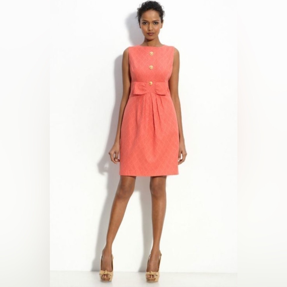 Eliza J Dress Jacquard Sheath 100% Cotton Peach Pink Bow Detail